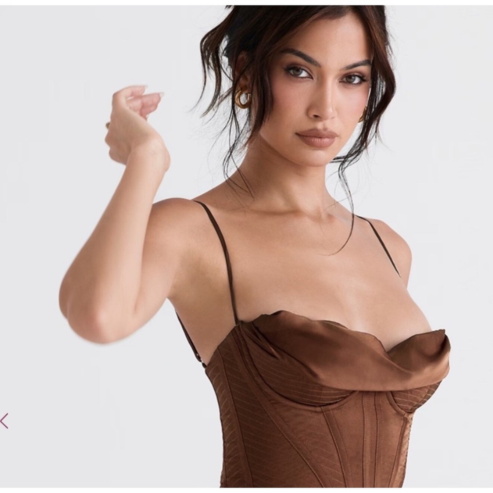 New!‎ House of CB Charmaine Corset Maxi Dress Brown Sz Large+ Cup $285 - Picture 6 of 8